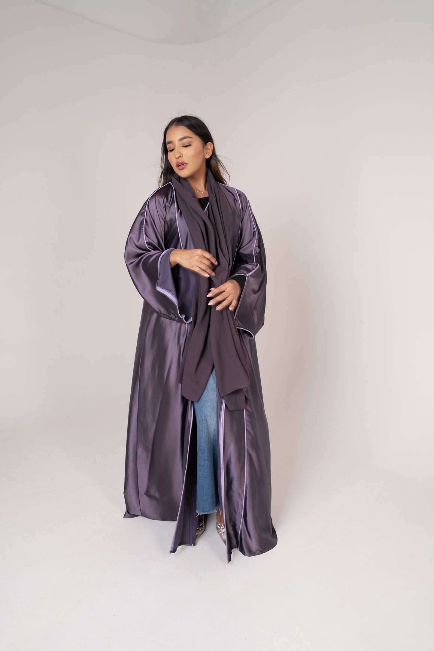 Majestic Purple Satin Abaya with Piping Accent