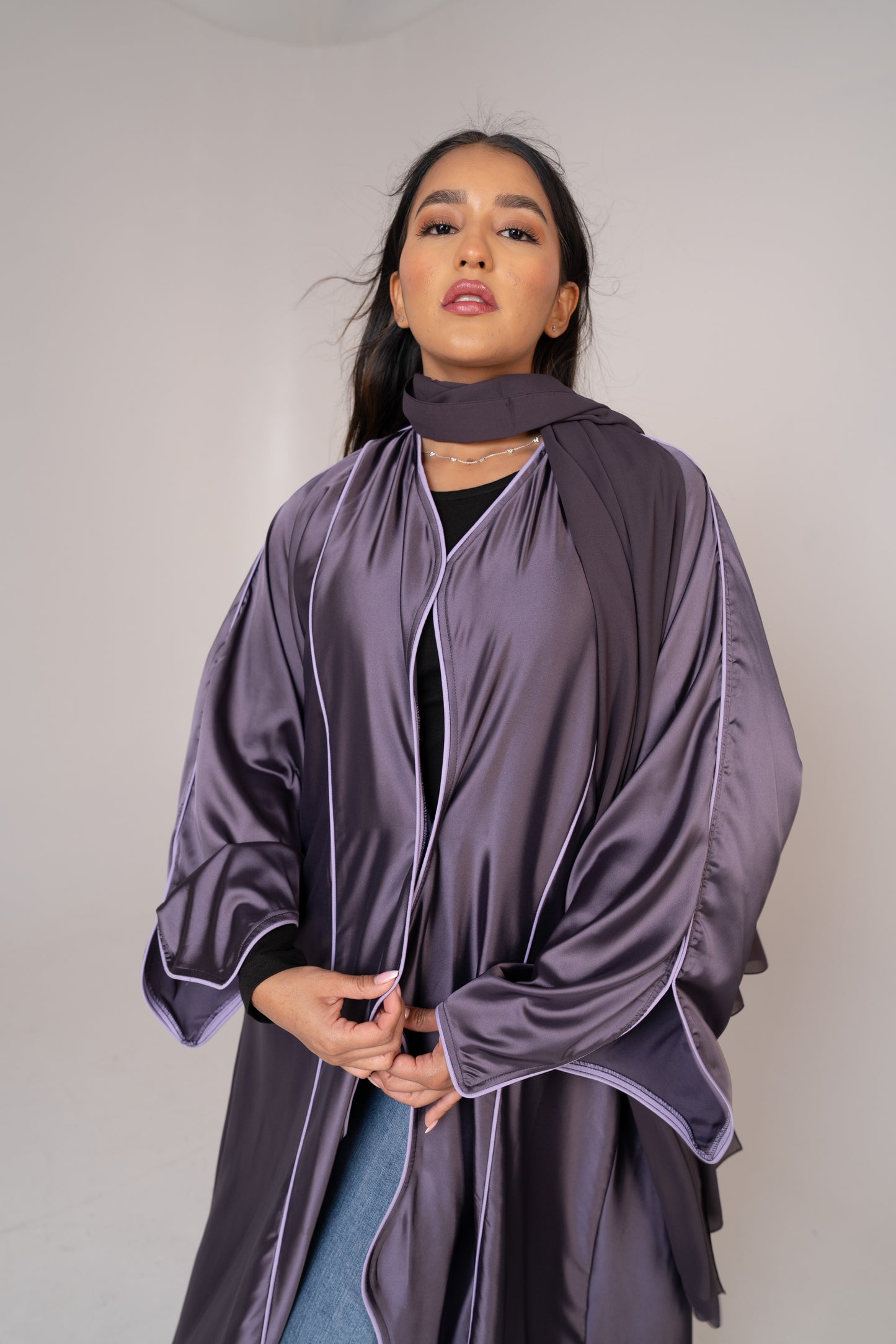 Majestic Purple Satin Abaya with Piping Accent