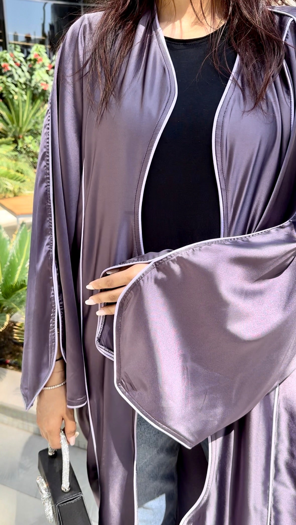 Majestic Purple Satin Abaya with Piping Accent
