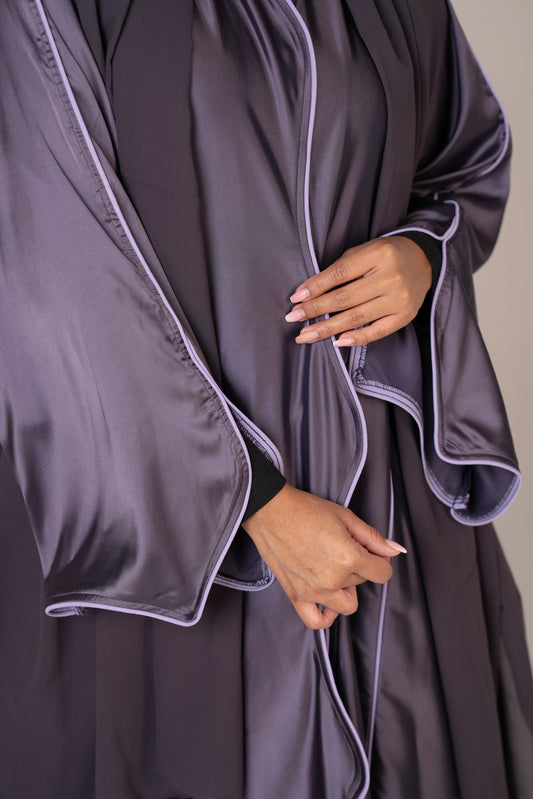Majestic Purple Satin Abaya with Piping Accent